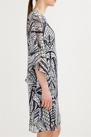 Sıfır Yaka Kimono Kol Emprime Elbise